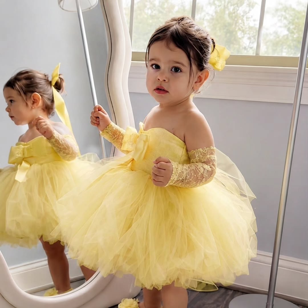 Embroidery Yellow Dress - ชุดเดรสเจ้าหญิงสีเหลืองสำหรับงานแต่งงาน แบบเปิดไหล่ ความยาวระดับเข่า สำหรับเด็ก งานวันเกิด พิธีศีลมหาสนิท