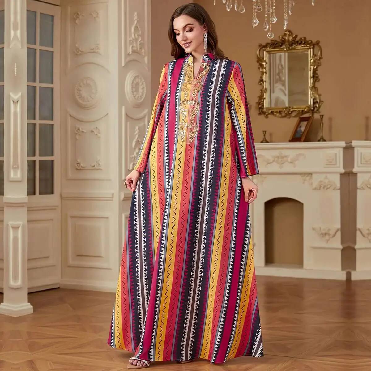 Embroidery Yellow Dress - ชุดเดรสสตรีแบบมุสลิมลายพิมพ์แฟชั่นใหม่ 4264 ดูไบ มุสลิม อบายะ 2026