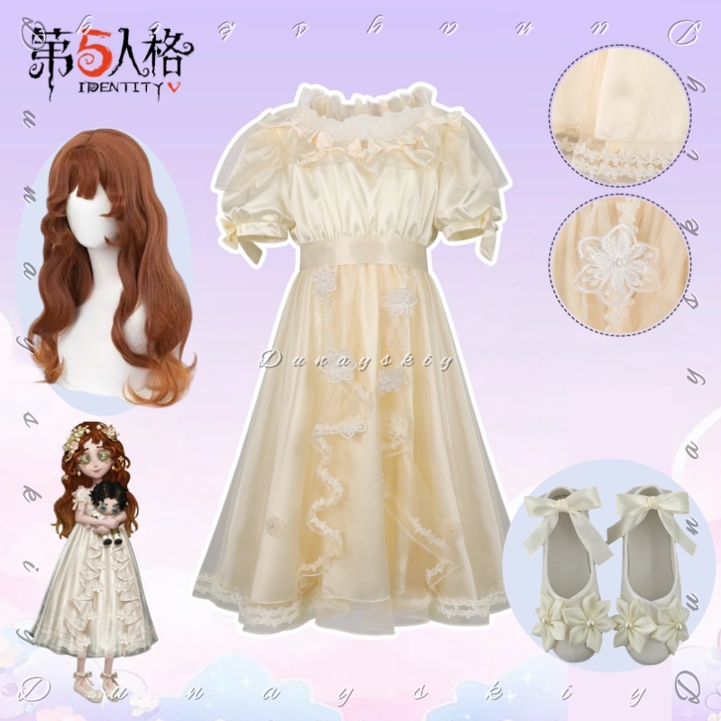 Embroidery Yellow Dress - ชุดคอสเพลย์ Identity V สาวน้อยโออีดิปุส รองเท้าสีเหลืองครีม ชุดเดรสหวานสไตล์โลลิต้า