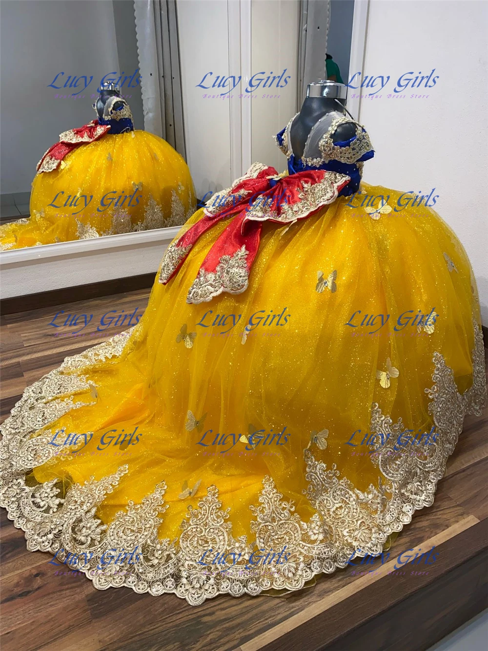 Embroidery Yellow Dress - ชุดเดรสเด็กผู้หญิงลายดอกไม้สวยงามประดับผีเสื้อ ผ้าทูลสีเหลืองฟูฟ่อง ชุดแต่งงานเจ้าหญิงน้อย ชุดงานวันเกิด