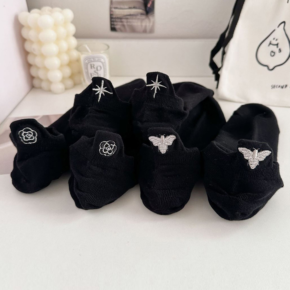 Embroidery On Socks - ถุงเท้าสีดำปักลายสัตว์น่ารัก3คู่สำหรับผู้หญิงถุงเท้าสั้นกีฬาหรูหราแบรนด์ดีไซเนอร์ชุดถุงเท้าผู้หญิงฤดูใบไม้ผลิฤดูร้อน
