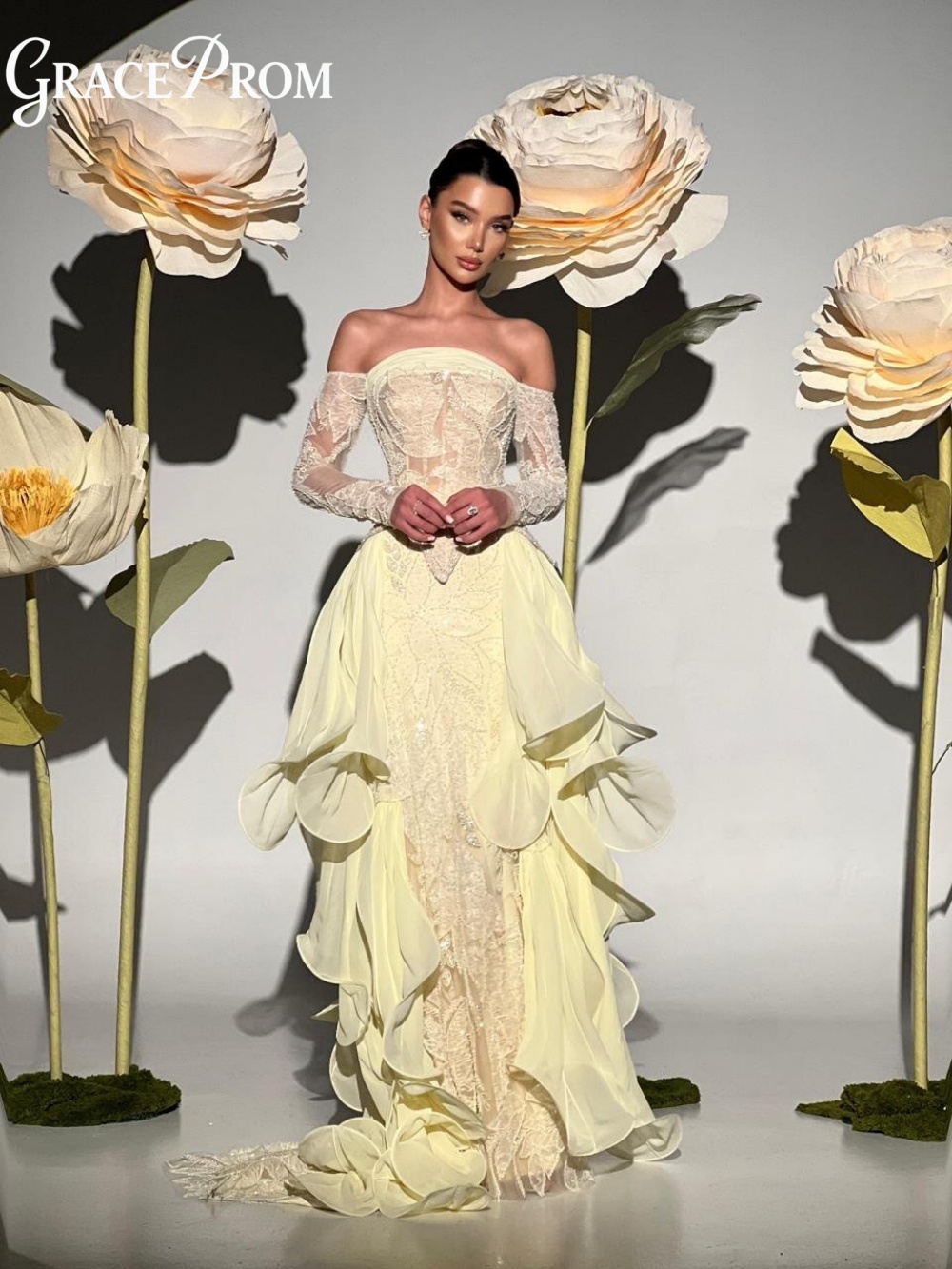 Embroidery Yellow Dress - ชุดราตรีสีเหลืองเนยสุดหรู 2026 พรีเมียม แบบเปิดไหล่ ทรงเมอร์เมด งานปักลูกไม้ประณีต