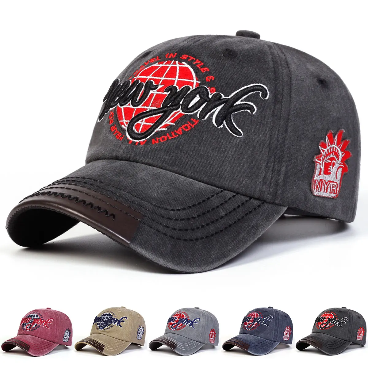 Embroidery York - หมวกเบสบอลปักลายนิวยอร์กแบบยูนิเซ็กซ์ สำหรับฤดูใบไม้ผลิและฤดูใบไม้ร่วง หมวกลำลองปรับได้สำหรับกิจกรรมกลางแจ้ง หมวกฮิปฮอป หมวกกันแดด