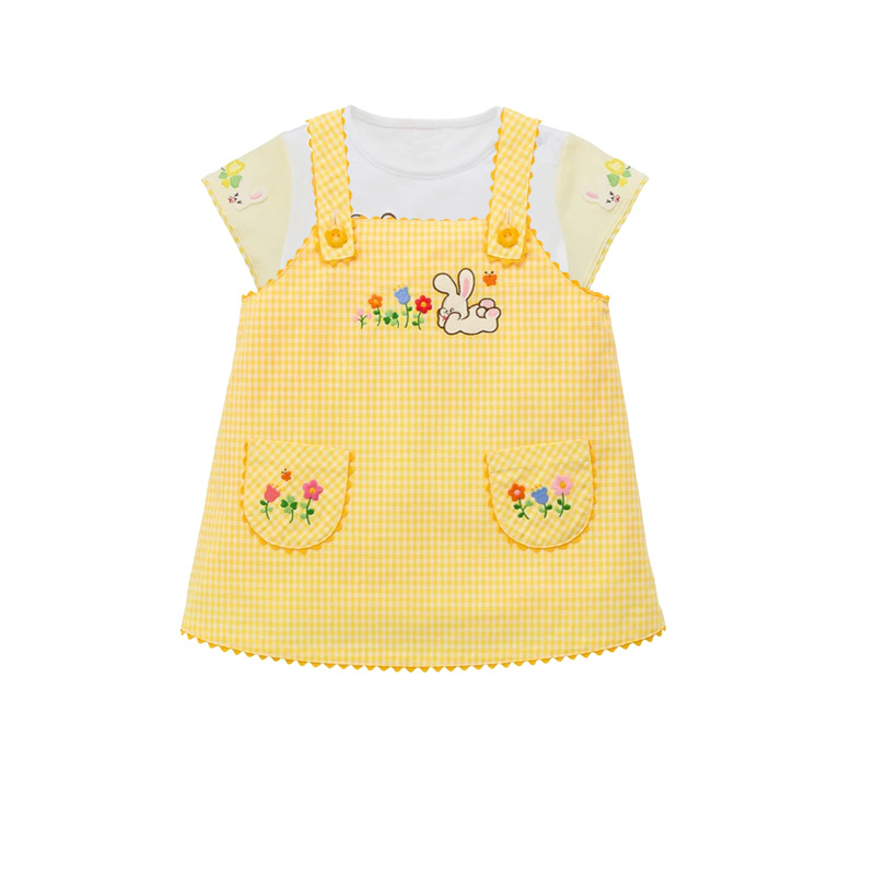 Embroidery Yellow Dress - 3-6Y ผ้าฝ้ายสีเหลือง ชุดเอี๊ยมลายตารางกระต่ายการ์ตูนน่ารักสำหรับเด็กผู้หญิง ชุดเดรสลายดอกไม้สำหรับเด็กทารกฤดูร้อนใหม่