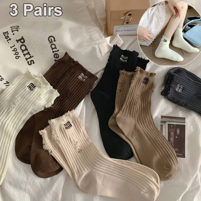 Embroidery On Socks - ถุงเท้าแบรนด์หรู 3 คู่ สำหรับผู้หญิง ดีไซน์เนอร์ ผ้าฝ้าย