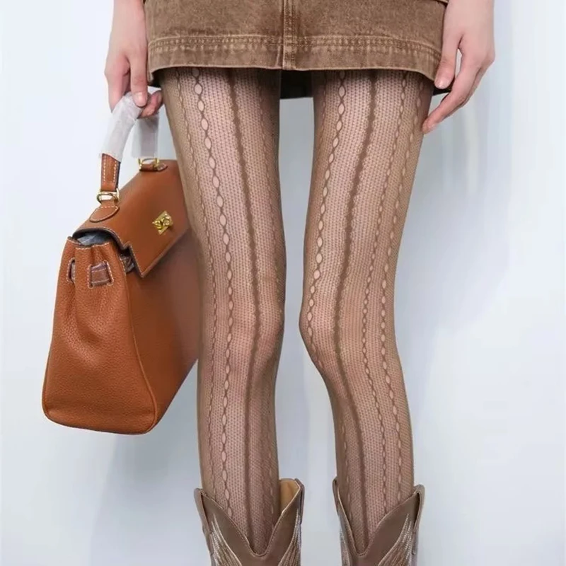 Embroidery On Socks - Retro สีน้ําตาลลูกไม้ Hollow ตาข่ายตกปลาสุทธิถุงเท้ารูปแบบแนวตั้งเย็บปักถักร้อย Pantyhose บางฤดูร้อนเหมาะสําหรับผู้ชายและผู้หญิง