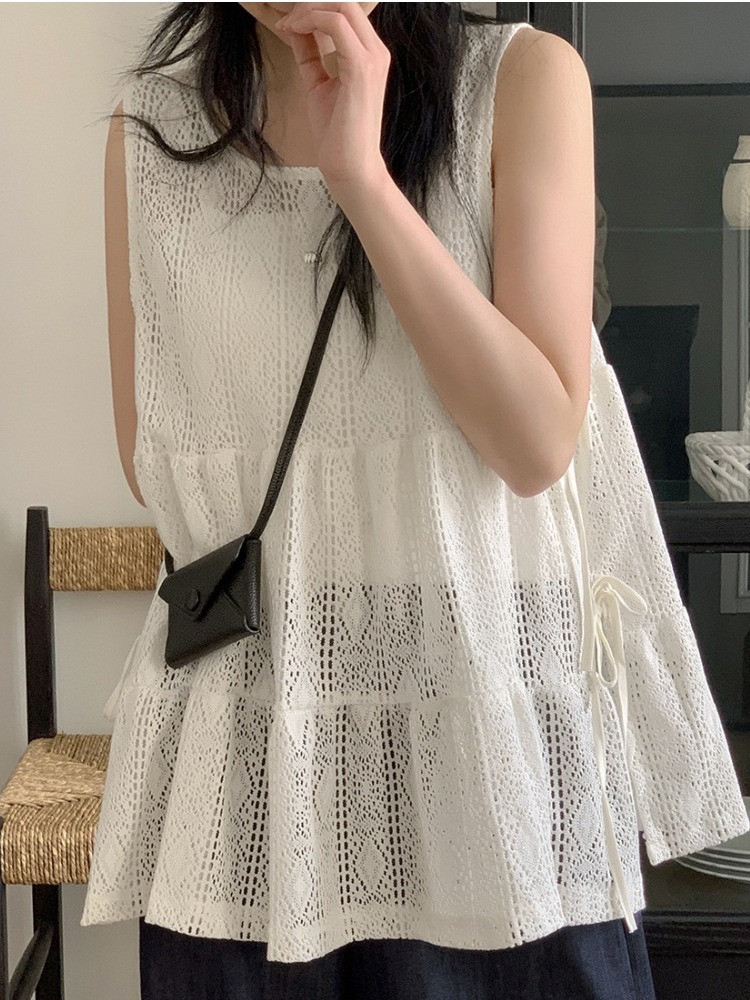 Embroidery Vest - เสื้อกั๊กผู้หญิงปักลายลูกไม้เก๋ไก๋ ดีไซน์โบว์ผูกด้านข้าง สไตล์เกาหลี แขนพอง ทรงบับเบิ้ล สำหรับฤดูร้อน