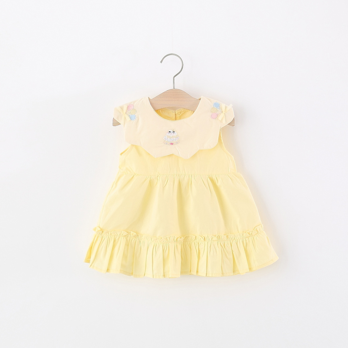 Embroidery Yellow Dress - เดรสผ้าฝ้ายสีเหลืองสำหรับเด็กผู้หญิง แขนกุด คอปีเตอร์แพน ปักลาย น่ารัก ชุดฤดูร้อนสำหรับเด็กอายุ