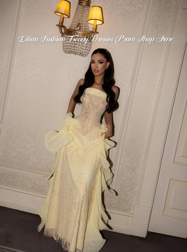 ชุดราตรีสีเหลืองอ่อนแบบไม่มีสา - Embroidery Yellow Dress บทวิจารณ์และราคา