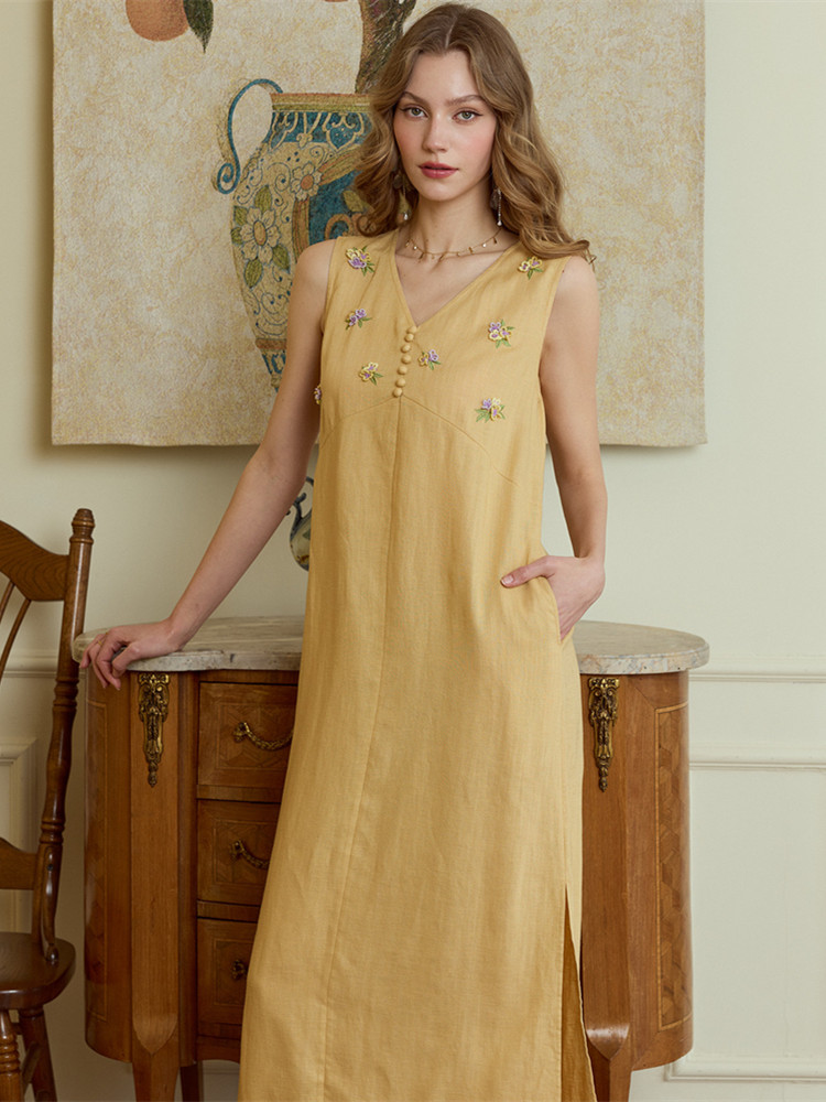 เดรสยาวฤดูร้อนสำหรับผู้หญิง ขน - Embroidery Yellow Dress บทวิจารณ์และราคา