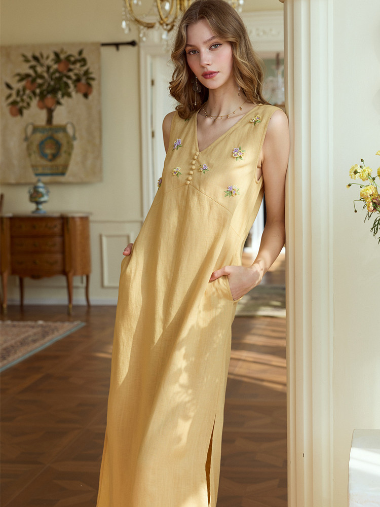เดรสยาวฤดูร้อนสำหรับผู้หญิง ขน - Embroidery Yellow Dress บทวิจารณ์และราคา