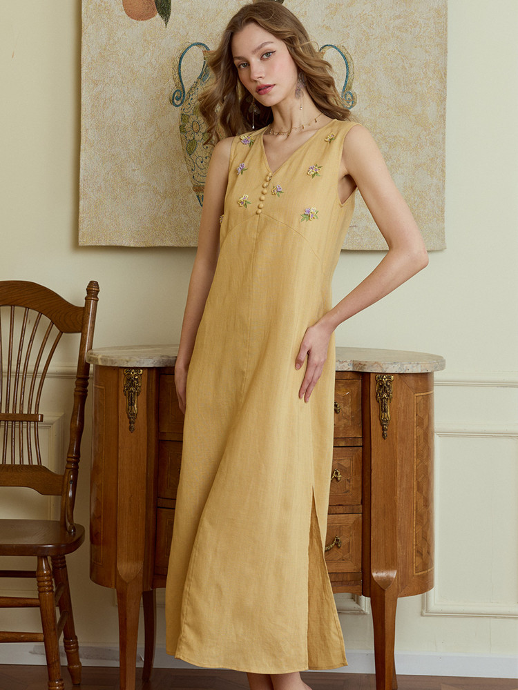 เดรสยาวฤดูร้อนสำหรับผู้หญิง ขน - Embroidery Yellow Dress บทวิจารณ์และราคา