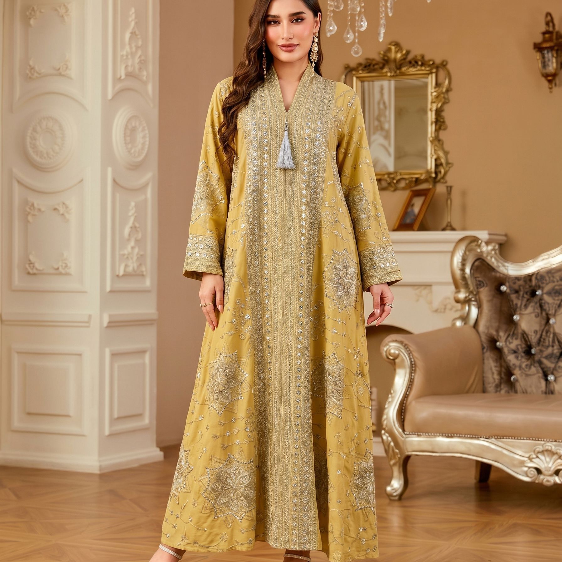 ชุดเดรสยาวปักเลื่อมหรูหราสำหรั - Embroidery Yellow Dress บทวิจารณ์และราคา
